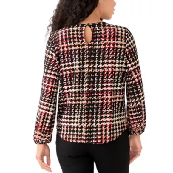 Anne Klein Printed Long Sleeve Pleat Neck Blouse - Picture 2 of 5